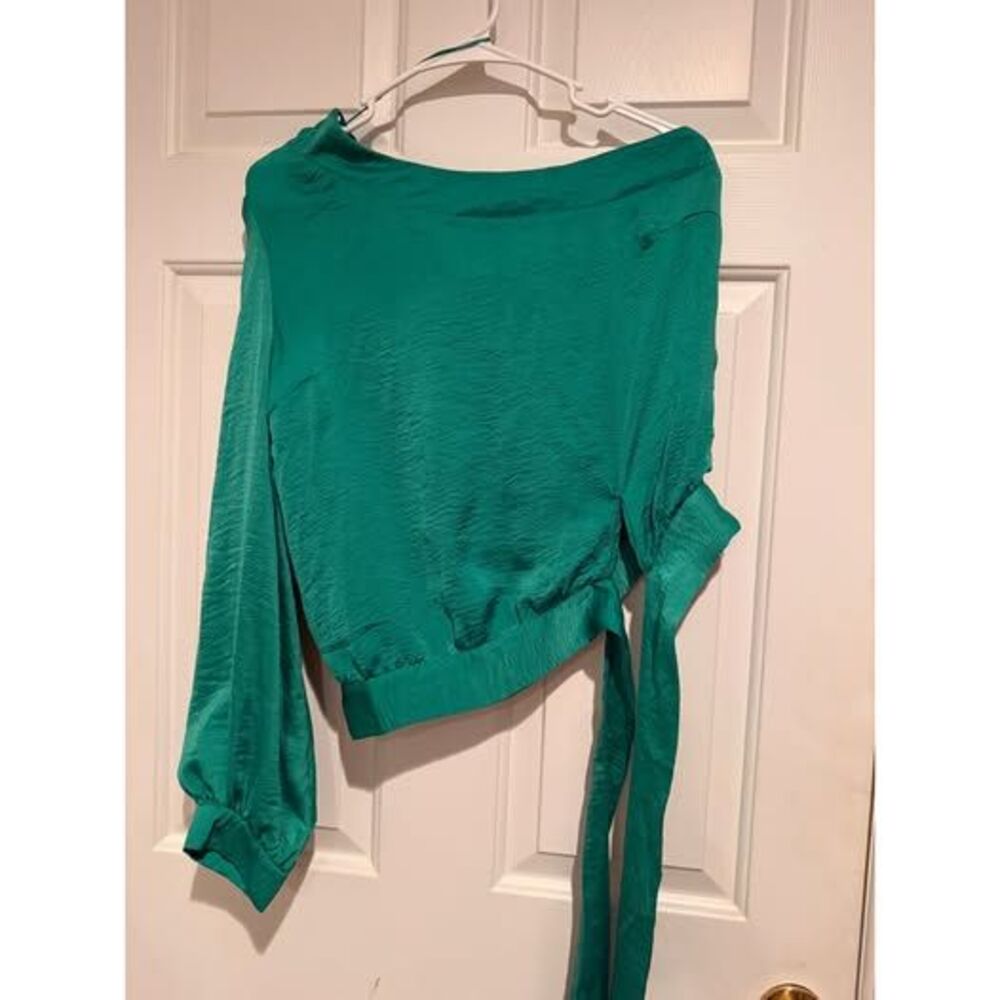 150. Glam Green Satin One shoulder blouse Large